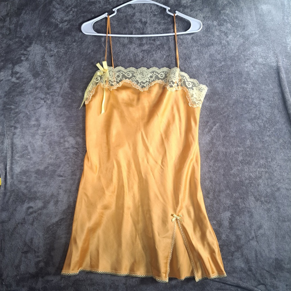 VTG Victoria's Secret Angels Gold Lace Trim Chemise Slip Dress M Coquette Y2K